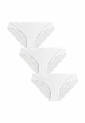 White cotton briefs with lace trim on the sides, featuring a smooth front and a scalloped edge for added detail. Three pieces in the set.