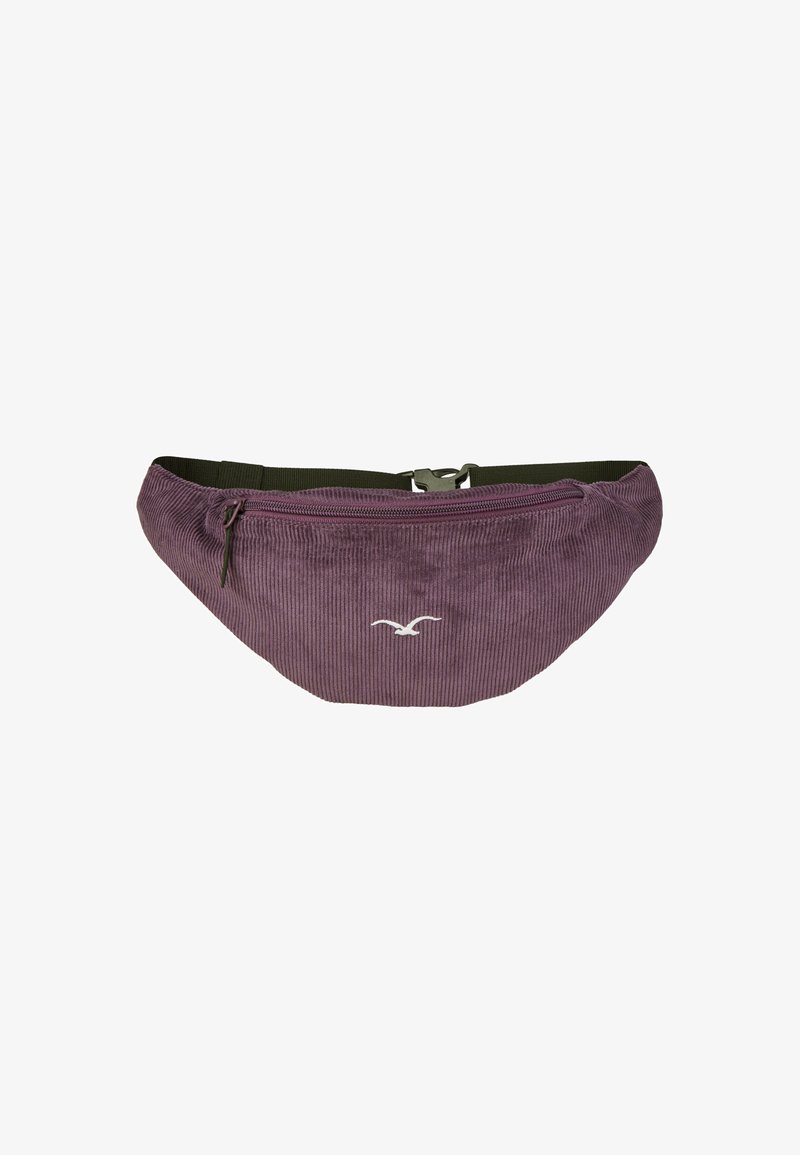 Purple corduroy fanny pack with a curved shape, zippered front pocket, and an adjustable green strap. Features a white logo detail.
