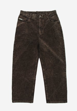 Pantalon en velours côtelé marron taille haute avec fermeture à bouton et zip, cinq poches dont une petite poche monnaie marque sur le côté gauche avant.