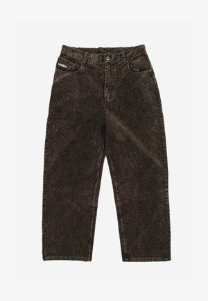 Pantalon en velours côtelé marron taille haute avec fermeture à bouton et zip, cinq poches dont une petite poche monnaie marque sur le côté gauche avant.