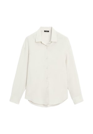 Camicia button-up a maniche lunghe, di un leggero beige, con colletto classico, texture morbida e orlo curvo. Presenta bottoni frontali e una vestibilità rilassata.