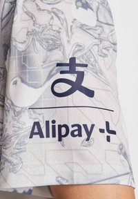 Camisa de manga corta en tela gris claro con un patrón en espiral, con el logo de "Alipay" en azul oscuro y un carácter chino en la manga.