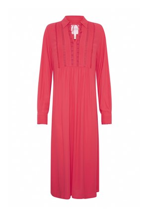 Ilga koralinė suknele su apykakle, sudėtingais nėriniais ant liemens ir ilgomis rankovėmis su elastingais raukiniais. Minkštas audinio tekstūros.