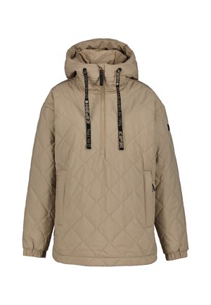 Beige quilted jacket with a hood, half zipper front, black drawstrings with white text, and elastic cuffs.