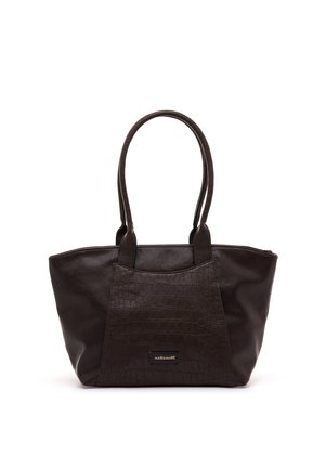 Dunkelbraune Lederhandtasche mit doppelten Schulterriemen und strukturiertem Frontpanel, mit einem kleinen metallischen Markenetikett.