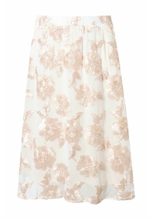 Falda midi blanca con un suave estampado floral en rosa que presenta flores texturizadas y bordadas, y una cinturilla ajustada.