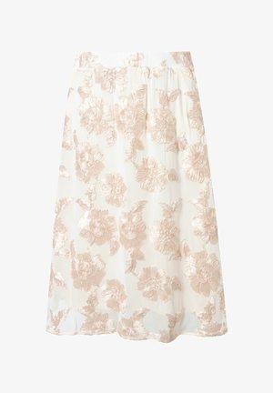 Bílá midi sukně s jemným růžovým květinovým vzorem, který obsahuje texturované výšivkové květiny a přiléhavý pasový pás.