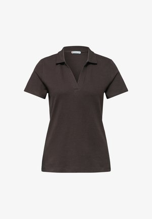 Kortærmet mørkebrun poloshirt med krave og V-udskæring, vist på en hvid baggrund.