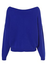 Sininen olkapäät paljastava neulepaita, jossa on löysä istuvuus, pitkät hihat ja resoroitu helma. Valmistettu pehme ästä neuloksesta, jossa on sileä pinta.