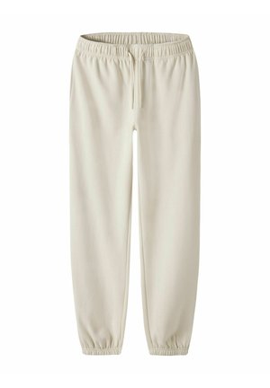 Lichtbeige sweatpants met een elastische tailleband met trekkoord, taps toelopende pijpen met elastische boorden en een gladde, zachte textuur.