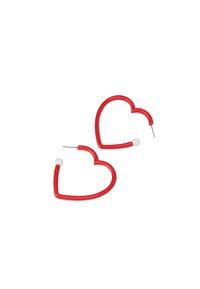 Pair of red heart-shaped hoop earrings with silver posts and small white pearl accents on a white background.