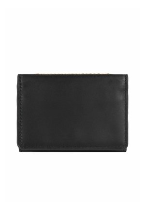 Portefeuille en cuir noir avec une texture lisse, de forme rectangulaire et des coutures beiges le long des bords. Design minimaliste sans quincaillerie visible.