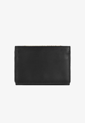 Portefeuille en cuir noir avec une texture lisse, de forme rectangulaire et des coutures beiges le long des bords. Design minimaliste sans quincaillerie visible.