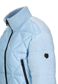 Lichtblauwe jas met gewatteerde en pluizige texturen, hoge kraag en zwarte ritsdetails. Beschikt over een klein logo-opdruk op de mouw.