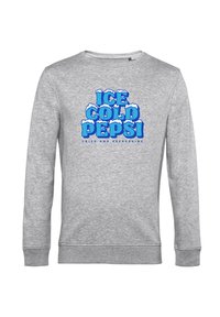 Šedá mikina s kulatým výstřihem, s modrým grafickým nápisem "ICE COLD PEPSI" a ledovými akcenty, níže se textem "CRISP AND REFRESHING".