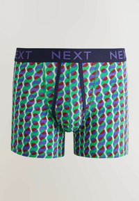 Boxeri bărbătești cu model circular multicolor în verde, roșu, albastru și violet, cu o bandă în talie bleumarin inscripționată cu "NEXT".