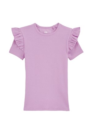Hellblau gestreiftes T-Shirt mit kurzen Ärmeln und fransigen Akzenten. Einfacher runder Ausschnitt und glattes, strukturiertes Material.