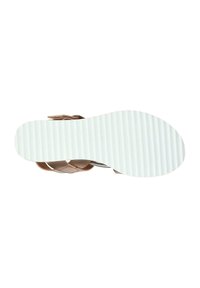 Sandalia de cuero marrón con suela de goma blanca y estriada. Cuenta con un diseño de correas cruzadas y un hebilla ajustable para un mejor ajuste.
