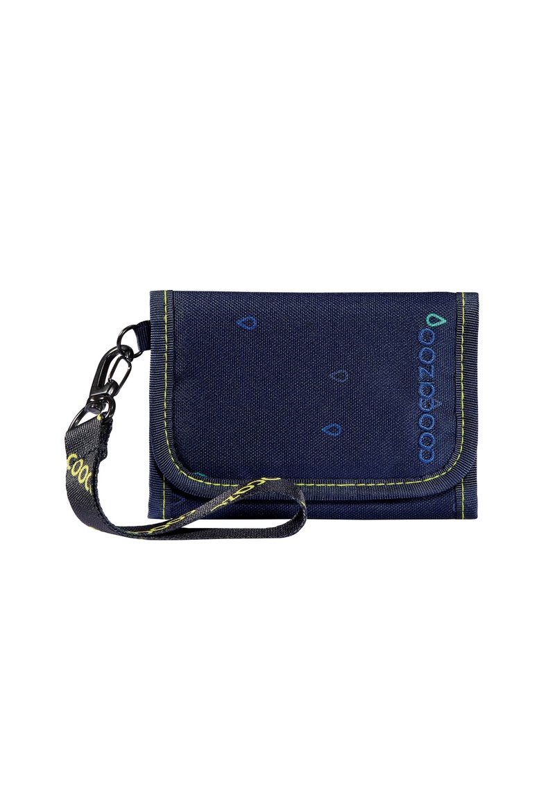 Navy fabric wallet with green stitching, a clip strap, and engraved accents. Features a compact rectangular design with a flap closure.