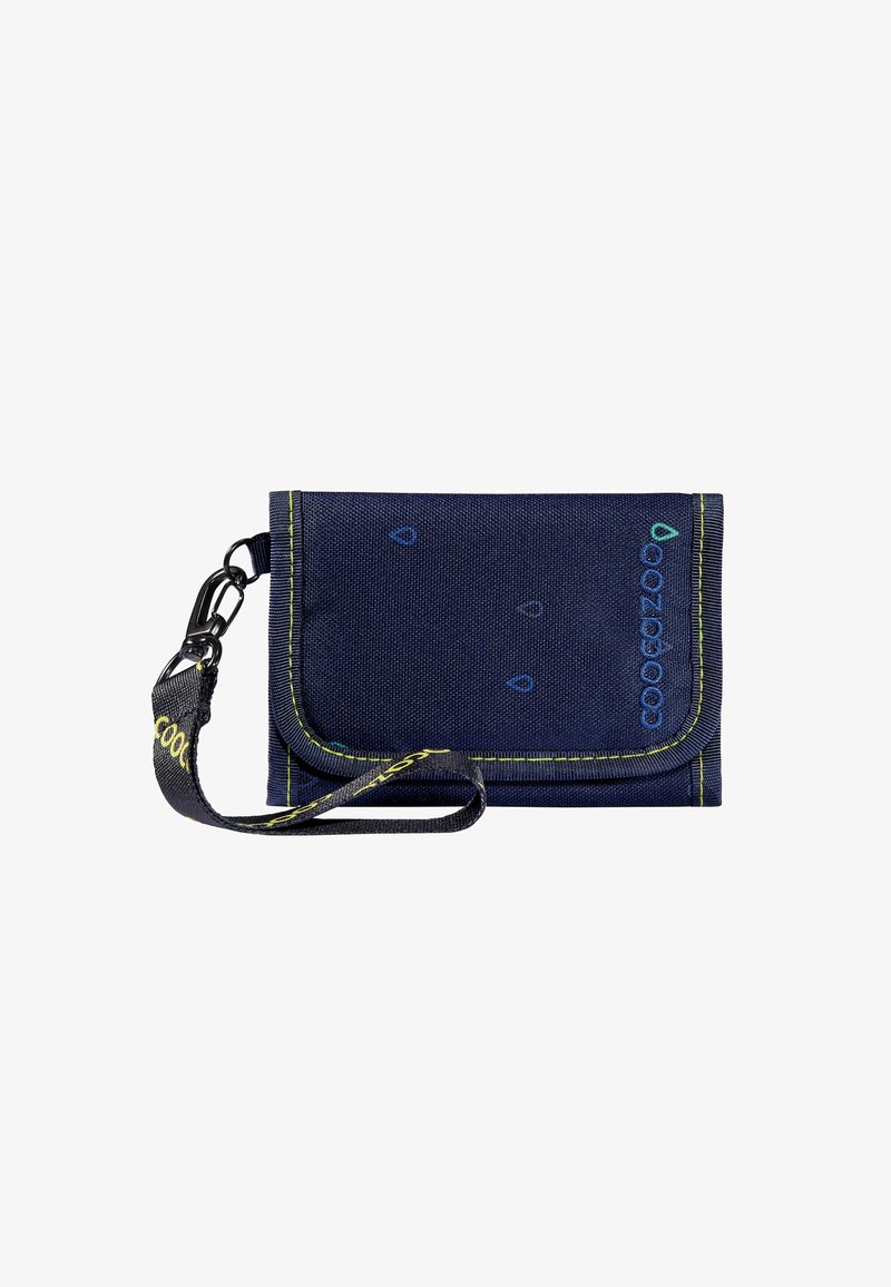 Navy fabric wallet with green stitching, a clip strap, and engraved accents. Features a compact rectangular design with a flap closure.