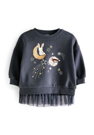 Sweat-shirt enfant gris foncé avec lune, lapin, étoiles et comètes en sequins dorés et blancs, avec un ourlet volanté en mesh noir.