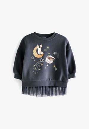 Mørkegrå børnesweatshirt med guld- og hvid pallietmåne, kanin, stjerner og kometer, med sort mesh flæsekant.