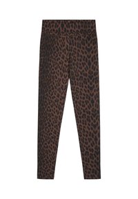 Leggings a stampa leopardata in marrone e nero, con una larga cintura elastica. Realizzati in materiale elastico, design aderente, lunghezza alla caviglia.