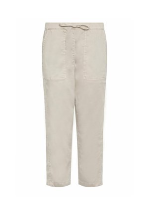 Pantalones cortos beige con bolsillos de parche delanteros y una cintura elástica con cordón ajustable.