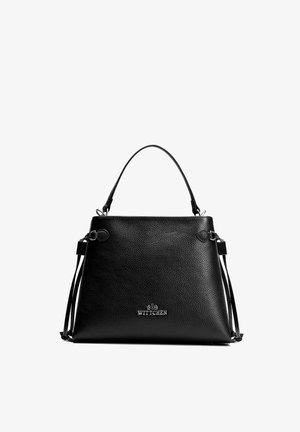 Černá kabelka z hladké kůže s jedním horním uchem, bočními stahovacími detaily a stříbrným logem "Wittchen" uprostřed přední strany.