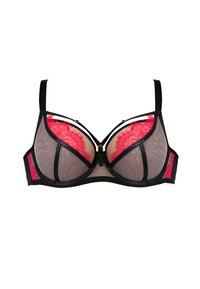 Czarny przezroczysty biustonosz z красным koronkowym wykończeniem, wsparcie z fiszbinami, dekoracyjny złoty osprzęt i regulowane ramiączka. Posiada geometryczny wzór.