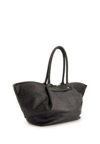 Sort læder tote bag med struktureret overflade, dobbelt håndtag og lynlås-lukning. Har en lille udvendig lomme med lynlås.