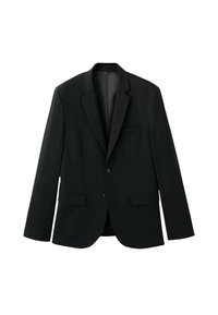 Zwart getailleerd herenblazer met inkeping revers, twee knopen, klepzakken en één borstzak, weergegeven tegen een witte achtergrond.