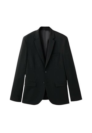 Schwarzer, maßgeschneiderter Herrenblazer mit Kerb-Revers, zwei Knöpfen, Pattentaschen und einer Brusttasche, präsentiert vor weißem Hintergrund.