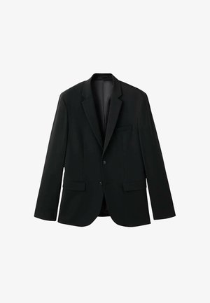 Zwart getailleerd herenblazer met inkeping revers, twee knopen, klepzakken en één borstzak, weergegeven tegen een witte achtergrond.