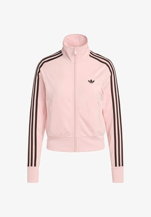 Rosa zip-up jacka med hög krage, med svarta ränder på ärmarna och en liten svart logotyp. Tillverkad av ett slätt material med ribbade muddar.