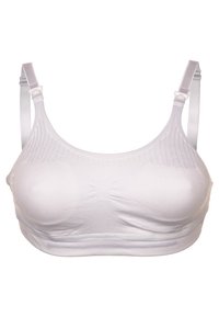 Sutiã branco com parte superior em malha texturizada, tecido suave e alças ajustáveis. Design sem costuras com um detalhe de franzido centrado na parte da frente.