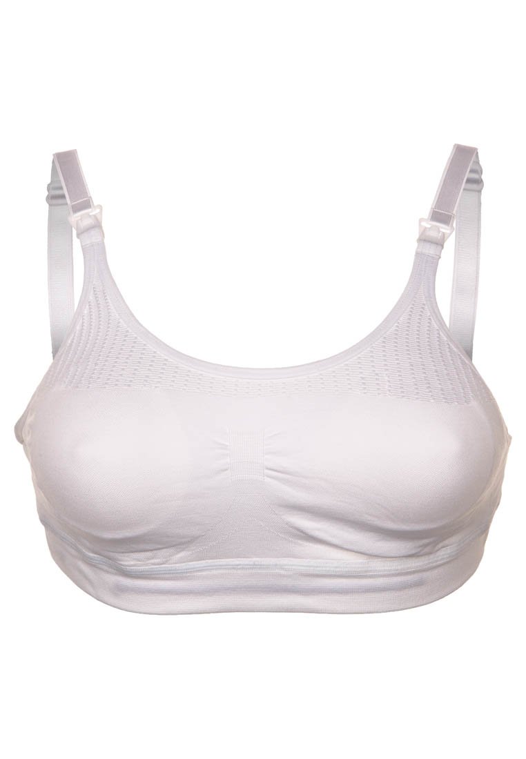 Sutiã branco com parte superior em malha texturizada, tecido suave e alças ajustáveis. Design sem costuras com um detalhe de franzido centrado na parte da frente.