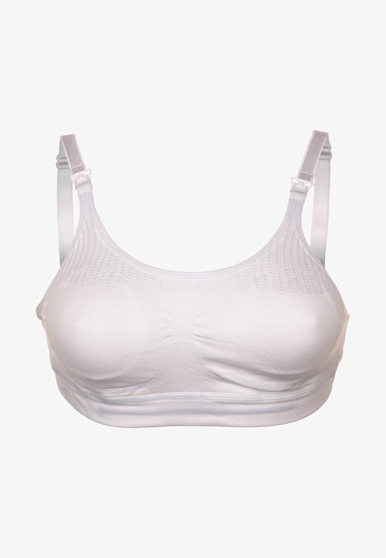 Sutiã branco com parte superior em malha texturizada, tecido suave e alças ajustáveis. Design sem costuras com um detalhe de franzido centrado na parte da frente.