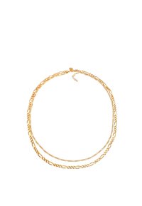 Collana a catena a strati in tonalità oro, caratterizzata da diverse tipologie di maglie, con finiture lisce e testurizzate, chiusura con moschettone e catena regolabile.