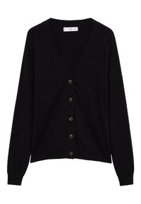 Black knit cardigan with a deep V-neck, long sleeves, and six brown buttons down the front. Soft texture with a slightly fitted design.