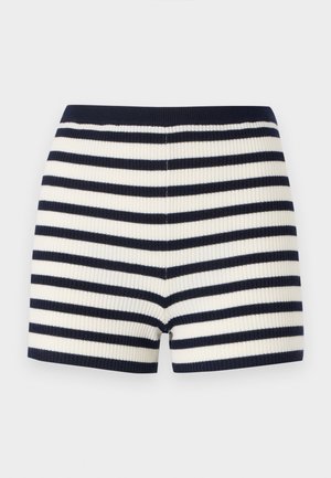 Shorts a coste con righe blu navy e bianche, caratterizzati da una forma aderente e una texture morbida. La vita è blu navy, in armonia con il motivo.