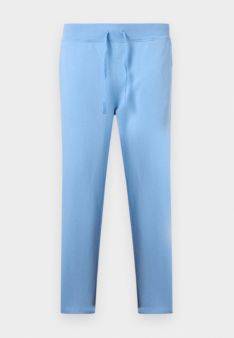 Pantalon de jogging bleu clair avec taille à cordon de serrage et jambe effilée, présenté sur un fond blanc.