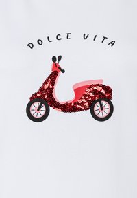 Pink scooter design with red sequin accents, black wheels, and black handles on a white background. Text reads "DOLCE VITA" above the scooter.