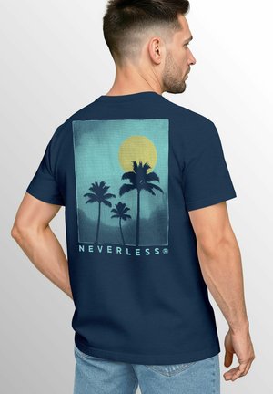 Navy blue t-shirt featuring a graphic print with palm trees and a yellow sun against a teal background, with "NEVERLESS" text at the bottom.