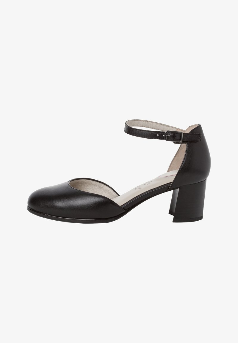 Chaussure à talon noir en cuir avec un orteil arrondi, un avant ouvert et une sangle de cheville réglable. Dotée d'un talon bloc et d'une texture lisse.