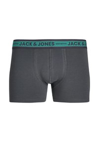 Grijze katoenen boxershorts met een donkerblauwe tailleband met daarop het teal kleurige "JACK & JONES" logo. Het ontwerp omvat naden langs de zijkanten en de voorkant.