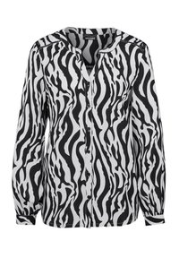 Zwart-wit overhemd met knopen, voorzien van een golvend zebrapatroon, lange mouwen en een kraagloos ontwerp. Soepele stoftextuur.