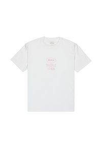 White cotton t-shirt with a crew neck, featuring a light pink graphic text reading "RVCA BALANCE OF OPPOSITES" on the front.