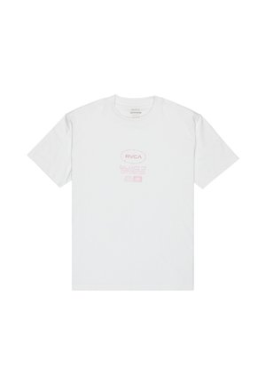White cotton t-shirt with a crew neck, featuring a light pink graphic text reading "RVCA BALANCE OF OPPOSITES" on the front.