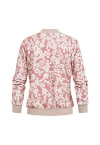 Vaaleanpunainen pitkähiha-bomber-takki, jossa valkoiset kukka- ja lehtikuvioinnit, resorit hihansuissa, kauluksessa ja helmassa, kuvattuna takaa.